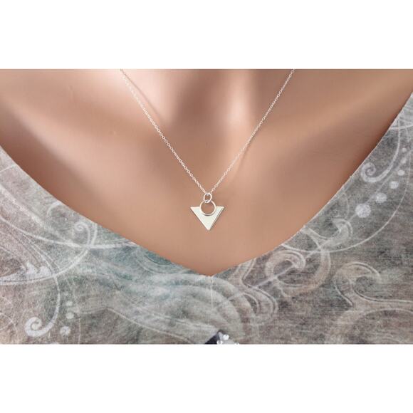 Sterling Silver Triangle Pendant Necklace, Silver Triangle Statement Necklace, - Picture 3 of 3